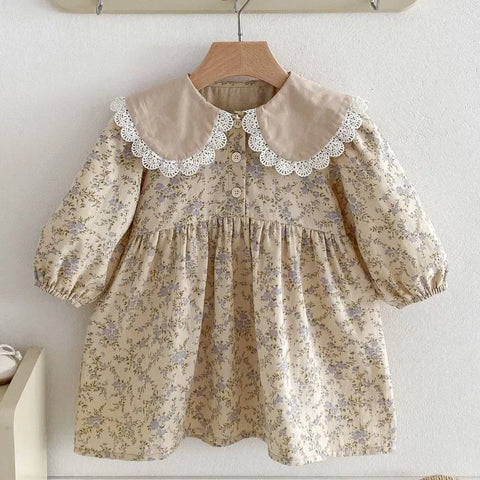 Girls Long Sleeve Floral Printed Dress - Spring Birthday Party Dress