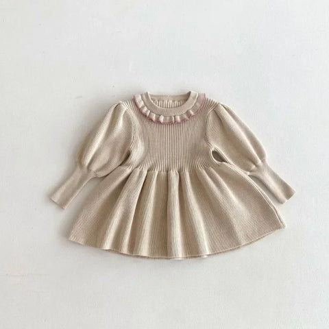 Girls A-line Knitted Dress - Children's Sweet Lotus Leaf Collar