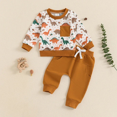 Newborn Baby Boy Outfits – Long Sleeve Crew Neck Dinosaur Print Sweatshirt & Drawstring Pants Fall Winter Baby Clothes Set