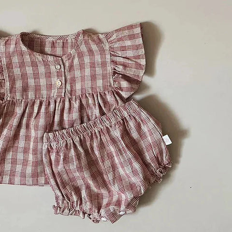 Summer Baby Girls Clothing Set - Short-Sleeved Cotton Lattice Shirt + Shorts