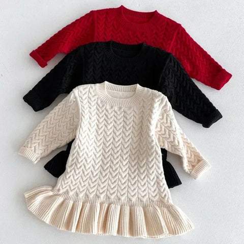 Girls O-Collar Knitted Solid Dress – Ruffle Knitwear Dress