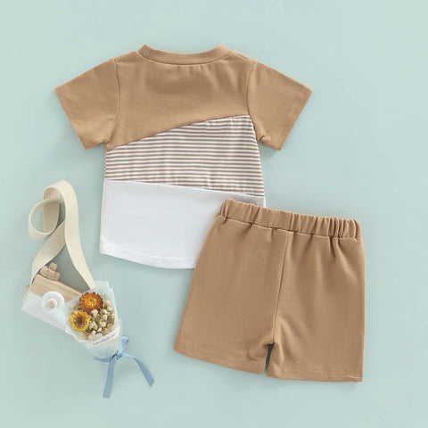 Baby Boys 2PCS Summer Outfit – Stripe Patchwork Tee & Shorts Set