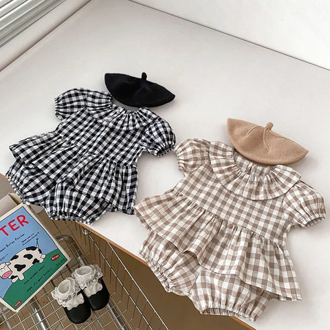 Summer Baby Girls Clothing Set - Short-Sleeved Cotton Lattice Shirt + Shorts