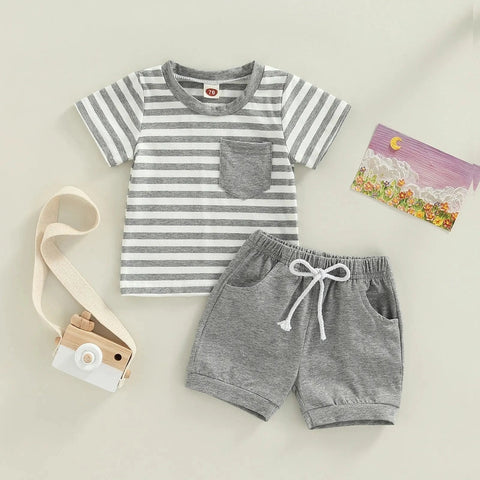 Baby Boys Casual Clothing Set – Stripes T-shirt + Elastic Waist Shorts