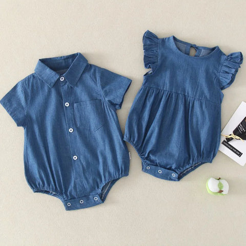 Girls and Boys Romper – Solid Denim Short-Sleeved Jumpsuit for Infants and Toddler