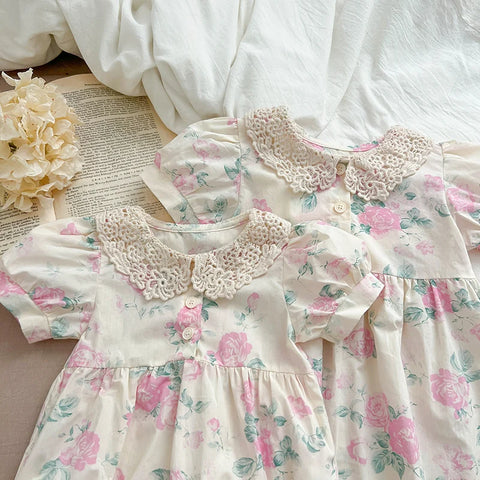 Girls Bodysuits Short Sleeved Cotton - Print Lace Splicing Jumpsuit