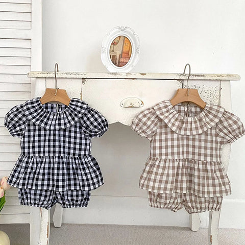 Summer Baby Girls Clothing Set - Short-Sleeved Cotton Lattice Shirt + Shorts