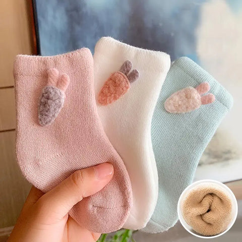 Three Pairs Warm Winter Baby Socks - With Cute Cartoon Design