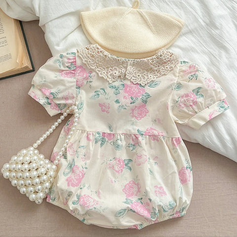 Girls Bodysuits Short Sleeved Cotton - Print Lace Splicing Jumpsuit