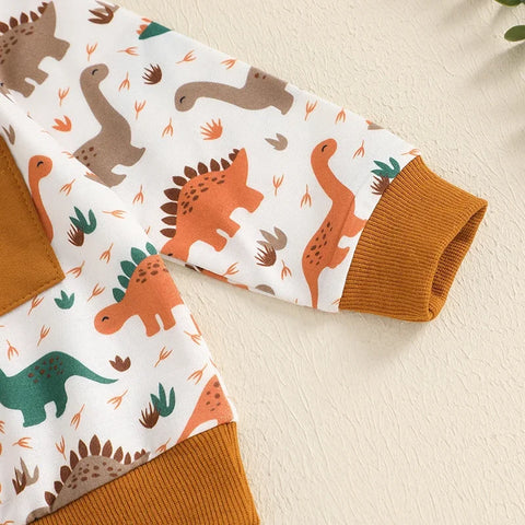 Newborn Baby Boy Outfits – Long Sleeve Crew Neck Dinosaur Print Sweatshirt & Drawstring Pants Fall Winter Baby Clothes Set