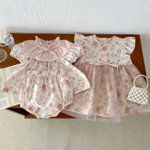 Newborn Baby Girl Matching Retro Floral Lace Dress Set