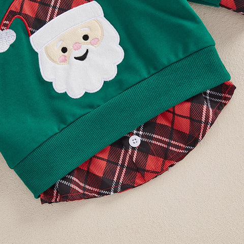 Toddler Baby Boys Christmas Sweatshirt – Plaid Santa & Reindeer Design