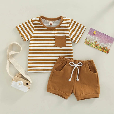 Baby Boys Casual Clothing Set – Stripes T-shirt + Elastic Waist Shorts