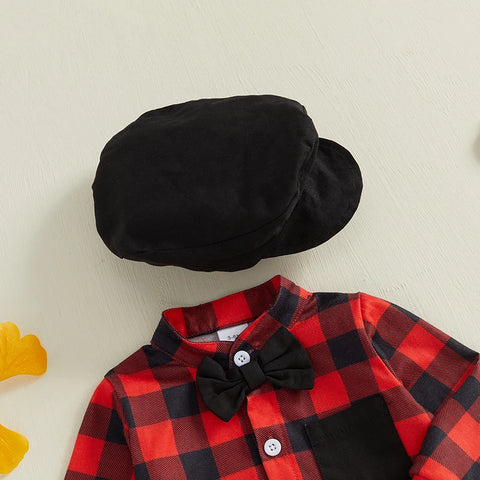 Toddler Baby Boy Outfit – Plaid Romper with Overall Pants and Hat