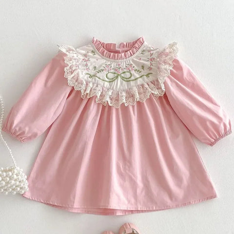 Girls Embroidery Floral Long Sleeve Dress - Spring Party Lace Dress