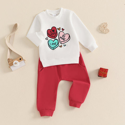 Toddler Boys Valentine's Day Outfits – Heart Print Crew Neck Long Sleeve Sweatshirt & Long Pants 2 Pcs Clothes Set