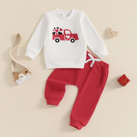 Toddler Boys Valentine's Day Outfits – Heart Print Crew Neck Long Sleeve Sweatshirt & Long Pants 2 Pcs Clothes Set