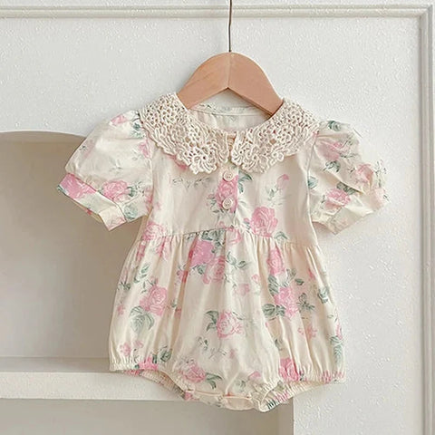 Girls Bodysuits Short Sleeved Cotton - Print Lace Splicing Jumpsuit