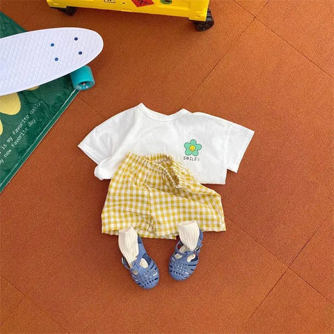 Summer Children Clothing Short Sleeve T-shirt & Plaid Shorts 2-Piece Set