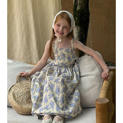 Summer Cotton Yellow Floral Dress – Backless Vest Sundress for Girls