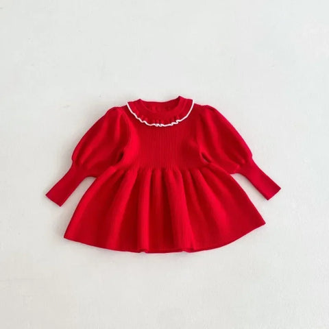 Girls A-line Knitted Dress - Children's Sweet Lotus Leaf Collar