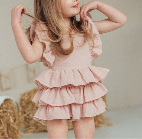 Baby Girl Cotton Criss-Cross Romper – Vintage Ruffled Princess Bodysuit