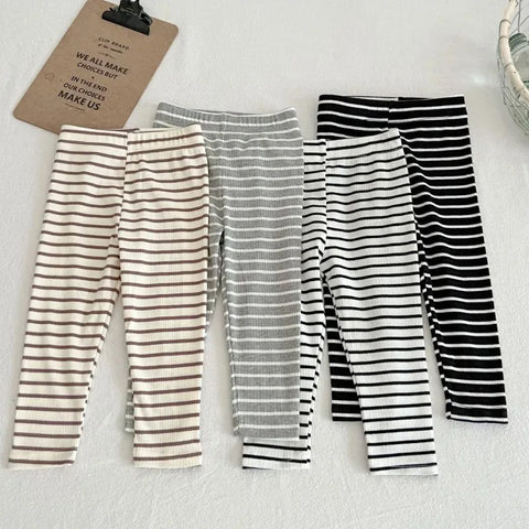 Simple Solid Leggings Girls – All-Match Striped Skinny Pants for Kids