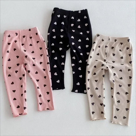 Autumn Baby Girl Heart Print Leggings – Soft Cotton Skinny Pants for Girls