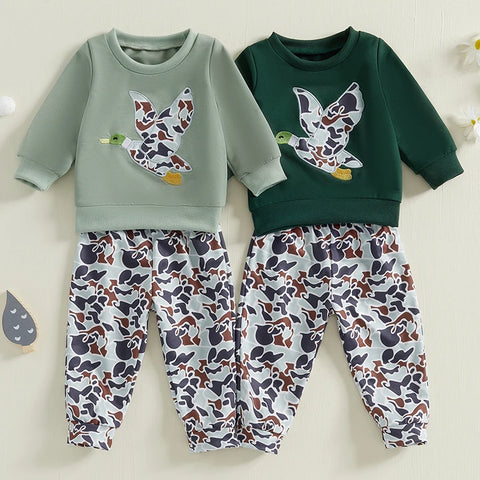 Spring Baby Boys Duck Embroidery Clothing Set – Pullover + Camouflage Pants