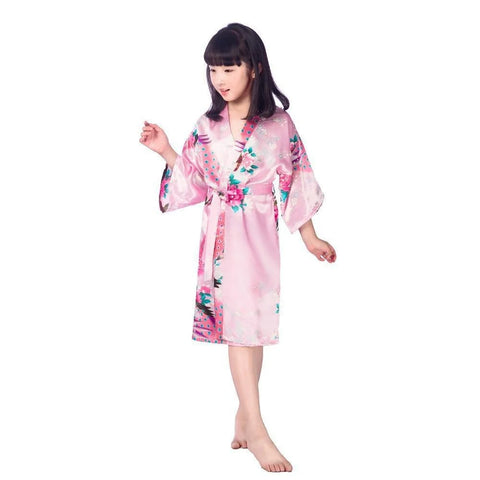 Kids Satin Floral Kimono Robe – Flower Girl Peacock Bathrobe