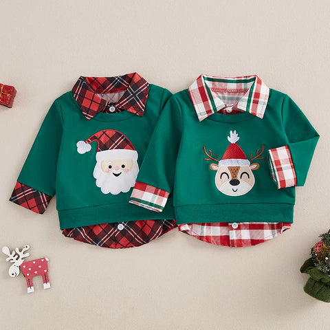 Toddler Baby Boys Christmas Sweatshirt – Plaid Santa & Reindeer Design