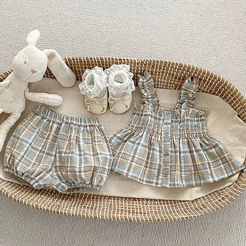 Summer Baby Girls Clothing Set - Short-Sleeved Cotton Lattice Shirt + Shorts