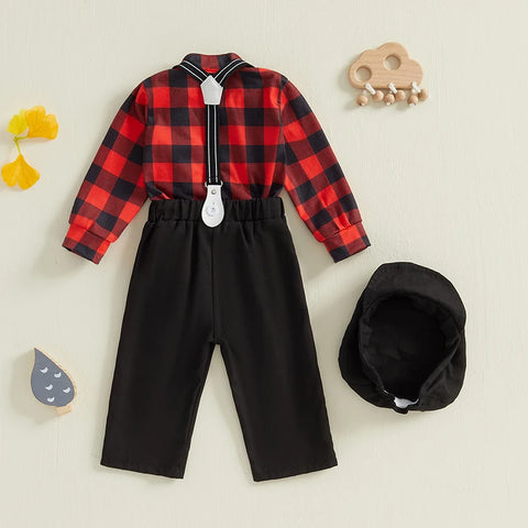 Toddler Baby Boy Outfit – Plaid Romper with Overall Pants and Hat