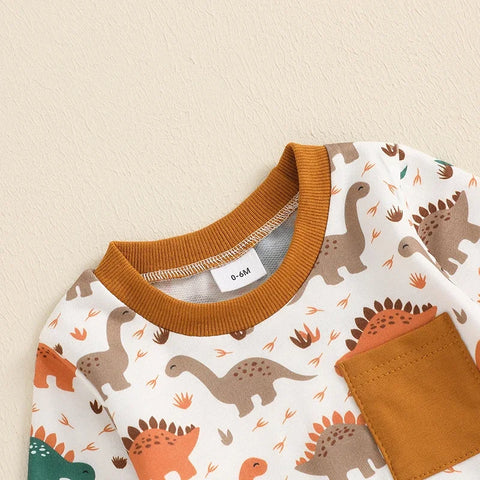 Newborn Baby Boy Outfits – Long Sleeve Crew Neck Dinosaur Print Sweatshirt & Drawstring Pants Fall Winter Baby Clothes Set