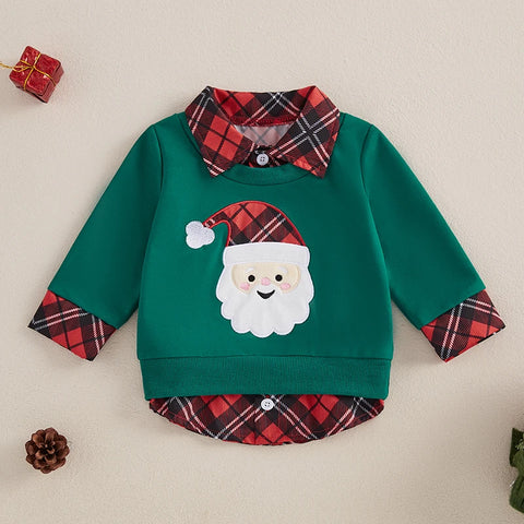 Toddler Baby Boys Christmas Sweatshirt – Plaid Santa & Reindeer Design