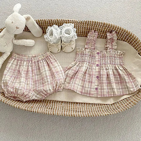 Summer Baby Girls Clothing Set - Short-Sleeved Cotton Lattice Shirt + Shorts