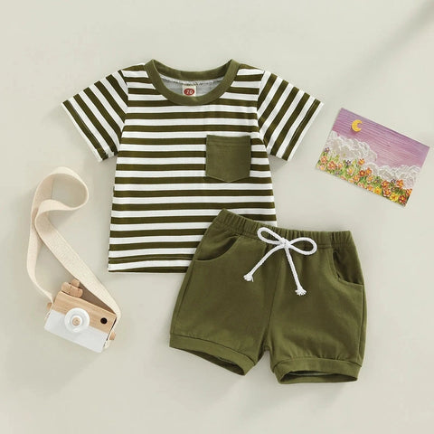 Baby Boys Casual Clothing Set – Stripes T-shirt + Elastic Waist Shorts