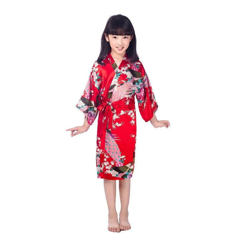 Kids Satin Floral Kimono Robe – Flower Girl Peacock Bathrobe