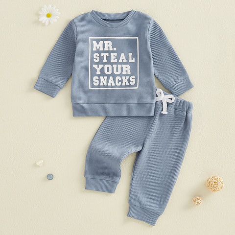 Spring Autumn Baby Boy Waffled Clothes – Letter Print Sweatshirt & Pants Set