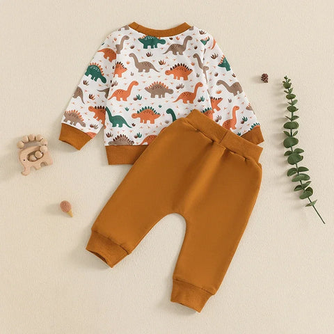 Newborn Baby Boy Outfits – Long Sleeve Crew Neck Dinosaur Print Sweatshirt & Drawstring Pants Fall Winter Baby Clothes Set