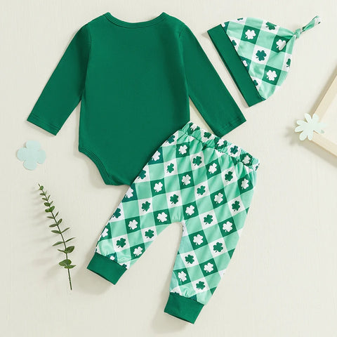 Baby Boys Ireland Outfits – Clover Embroidery Round Neck Long Sleeve Rompers, Long Pants & Hat 3Pcs Clothes Set