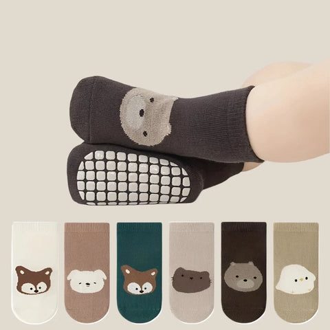 Six Pairs Baby Non-Slip Floor Socks - With Large Cartoon Dots