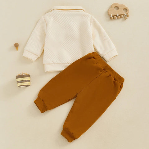 Boy Autumn Outfit – Casual Long Sleeve Lapel Half Zip Pullover & Solid Color Pants Set