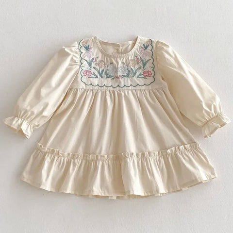 Princess Kids Spring Long Sleeved Cotton Floral Embroidery Party Dress