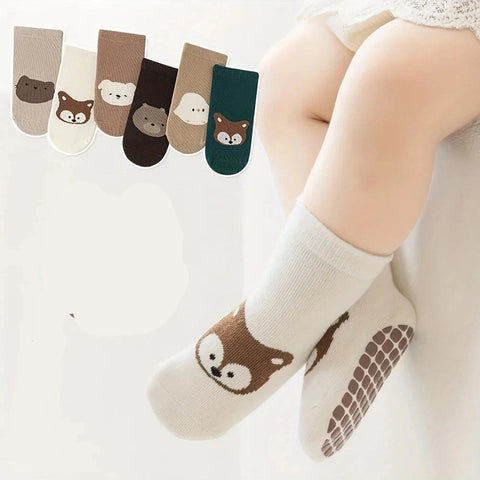 Six Pairs Baby Non-Slip Floor Socks - With Large Cartoon Dots