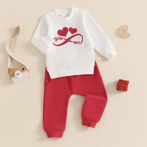 Toddler Boys Valentine's Day Outfits – Heart Print Crew Neck Long Sleeve Sweatshirt & Long Pants 2 Pcs Clothes Set