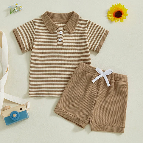 Baby Boys Summer Outfit – Striped Lapel T-Shirt & Drawstring Shorts Set