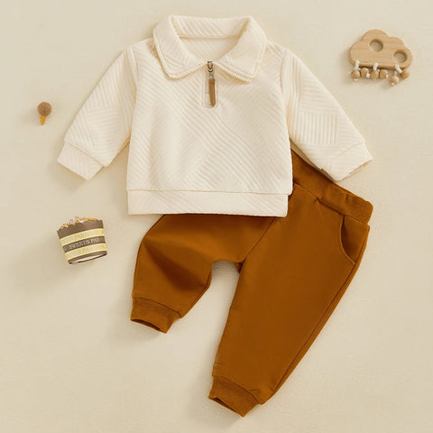 Boy Autumn Outfit – Casual Long Sleeve Lapel Half Zip Pullover & Solid Color Pants Set