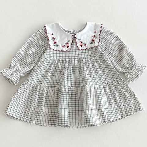 Girls Spring Dress - Kids Cute Floral Embroidery Plaid Dress