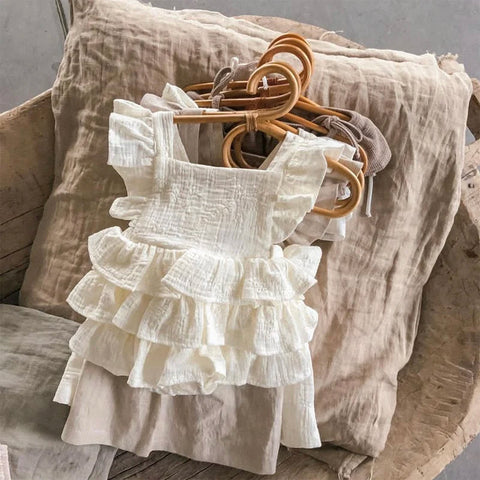 Baby Girl Cotton Criss-Cross Romper – Vintage Ruffled Princess Bodysuit